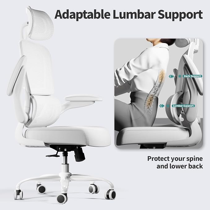 TRALT Office Chair Ergonomic Desk Chair - Gaming Chair with Lumbar Support | 330 LBS Home Office Desk Chairs with Headrest, Reading Chair with Flip-up Armrests, Comfortable Computer Chairs (1, White) - Image 6