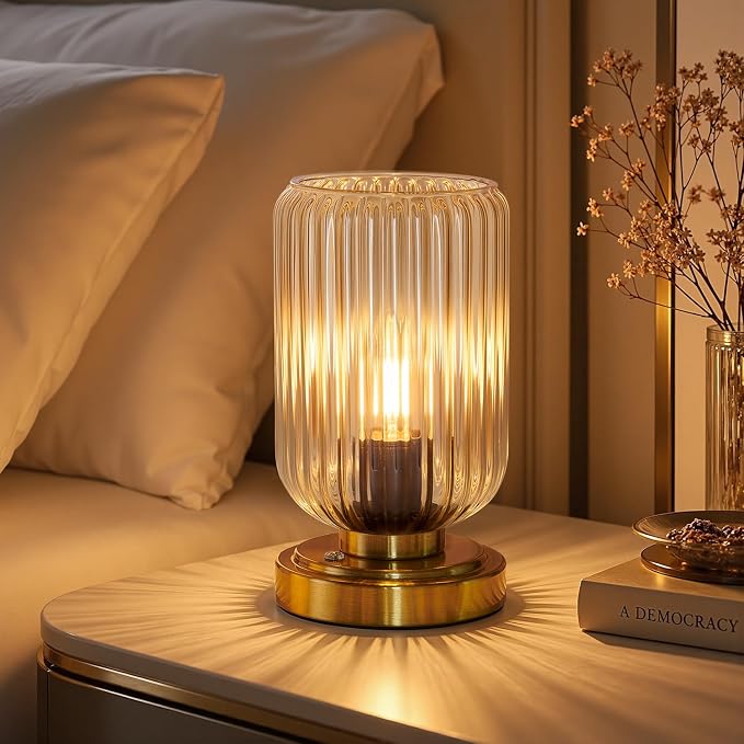 LightRound Cordless Table Lamp for Bedroom, Touch Stepless Dimmable, Modern | 7500mAh Rechargeable Battery, Amber Glass Shade, Brushed Gold Base, Bulb Included, Wireless Lamp for Desk, Living Room by LightRound
