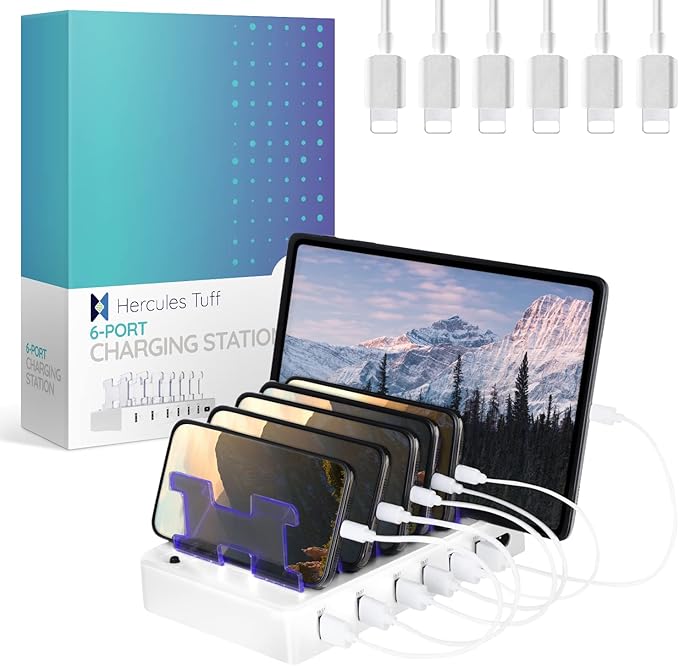 Fast Charging Station for Multiple Devices, 6-Port USB Charging Dock White | Smart IC Technology for Safe Charging, Organized storage, Works with Apple iPhone 14 and earlier & iPads, for home, office by HerculesTuff