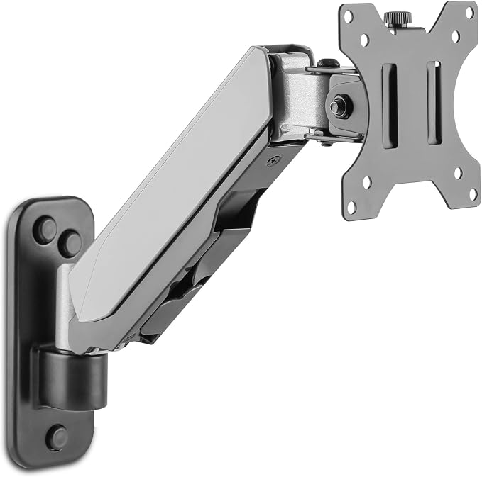AVLT Single Monitor Arm Wall Mount for 13-32" Screens, Full Motion - Silver | Supports flat/curved/ultrawide screens up to 19.8 lbs. Smooth gas spring control, 3-bolt wall plate and cable management by AVLT-USA