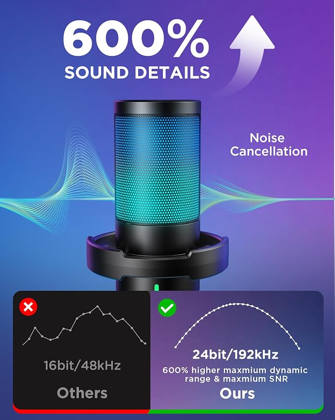 InnoGear Gaming Mic USB Computer Microphone for PC Boom Arm Stand, Black | Noise Cancellation, Adjustable Boom Arm, One-Touch Mute, Flexible Angle, 4 RGB Modes, Work with PS4/PS5, Wide Frequency Range - Image 4