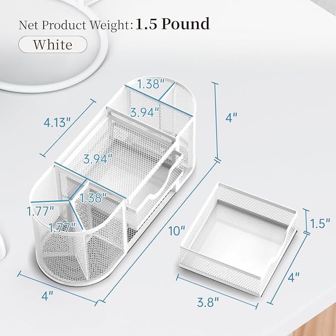 Mesh Desk Organizer, Pen Holder for Desk with 2 Drawers, White | Desk Organizers and Accessories with 8 Compartments and 2 Drawers, Pencil Holder for Desk for Small Office Supplies - Image 3