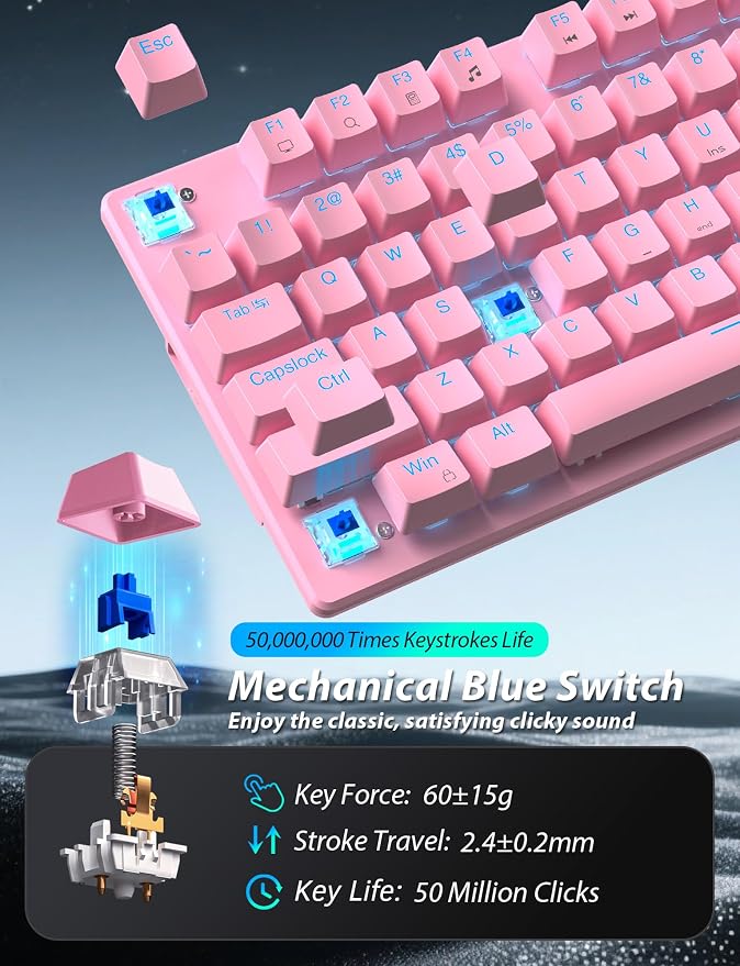 Mechanical Gaming Keyboard and Mouse, LED Backlit 98-Key Floating Keycap & 4 DPI RGB Gaming Mouse with Mouse Pad, Full Anti-Ghost Light Up Wired Computer Keyboards for MAC PC Gamer Accessories, Pink - Image 6