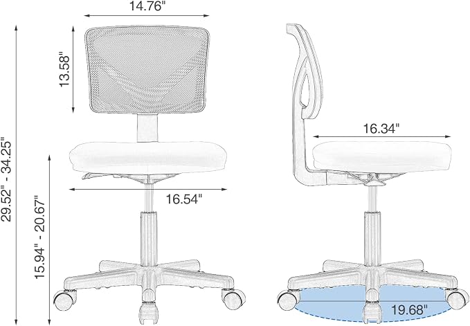 Sweetcrispy Small Armless Desk Chair, Mesh Rolling Office Chairs | Adjustable Ergonomic Lumbar Support, Low-Back, Swivel Wheels, Home Work, Bedroom, Study, Student, Adults, Classic Blue - Image 3