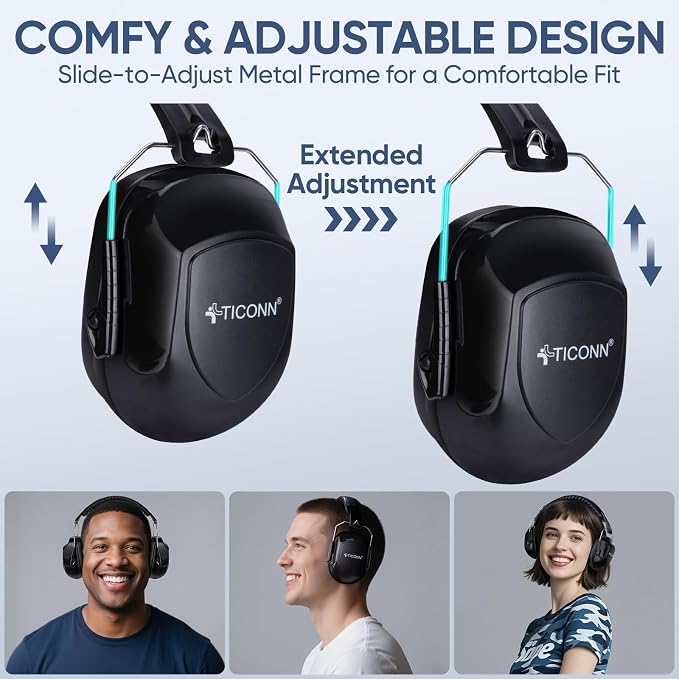 TICONN Noise Cancelling Ear Muffs for Adults, SNR 33dB Hearing Protection, Adjustable Safety Earmuffs for Construction - Image 3