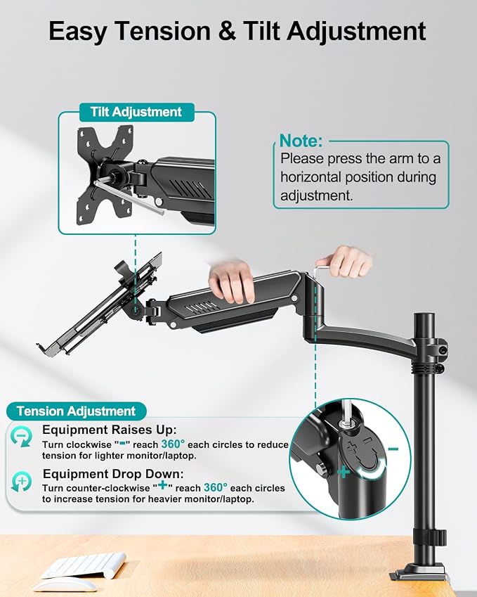 MOUNT PRO Laptop Arm Desk Mount, Single Monitor Stand with VESA Laptop Tray, Adjustable Lap Top Holder for Max 22lbs 17" Notebook & 32" Computer Screen, Swivel Notebook Bracket, Clamp on/Grommet Base - Image 9