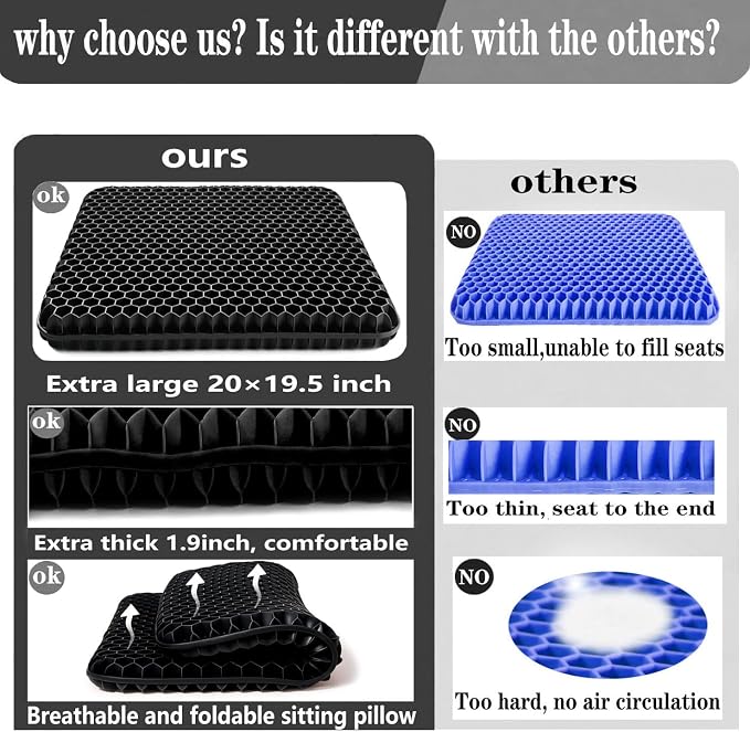 Extra Plus Size Gel Seat Cushion for Long Sitting, Large Cooling Supportive Seat Cushion for Lumbar Spine, Sciatica, Tailbone Pain Relief, Used for The Office, Wheelchair, Car, Recliner, Kayka.(Black) - Image 5