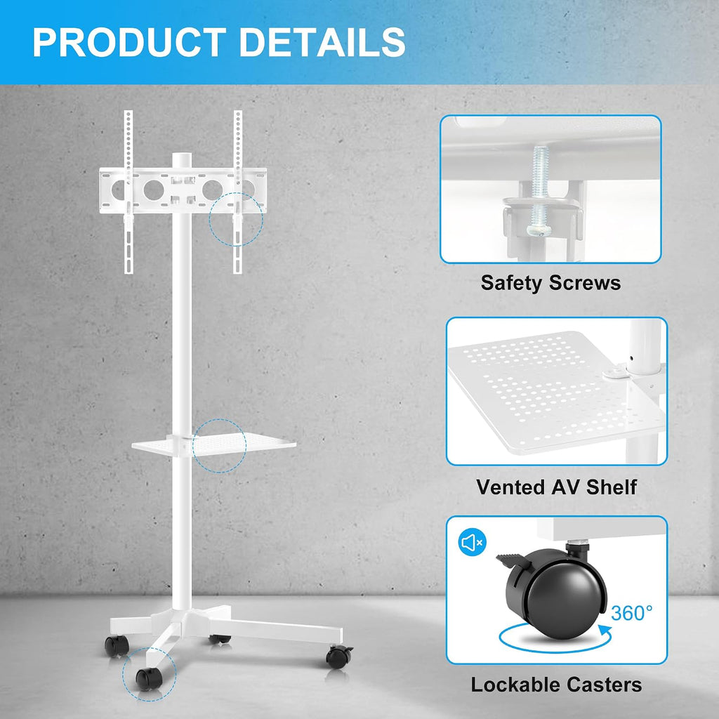 Mobile TV Carts on Wheels for 21-60 Inch Flat/Curved Panel Screens TVs - Height Adjustable Floor Trolley Stand with Shelf Holds up to 77lbs - Max VESA 400x400mm, White - Image 6