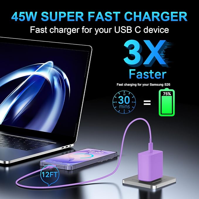 45W USB C Super Fast Charger Type C Charger Fast Charging Android Phone Charger Block with 10FT Type C Charging Cable for Samsung Galaxy S26 Ultra/S26/S26+/S25/S25 Ultra/S25+/S24 Ultra/S23 Ultra/S22 - Image 6