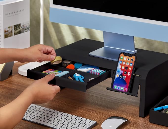Bostitch Konnect Adjustable Monitor Riser with Drawer & Cell Phone Holder, Laptop Stand for Desk, 4 Height Levels, Cable Management & Rubber Feet - Image 7