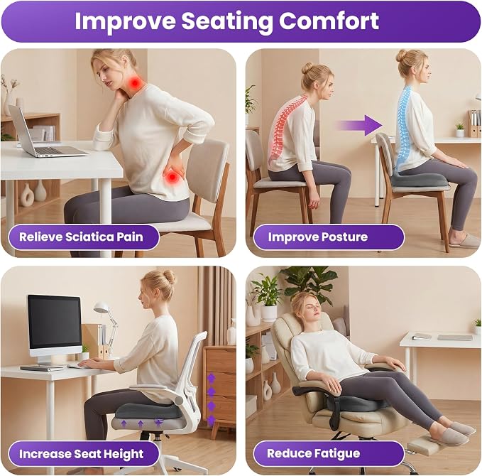 ZZ-WELL Seat Cushions for Office Chairs, Patented Pressure Relief Coccyx Cushion for Tailbone Pain, Memory Foam Butt Pillows for Wheelchair Car Sitting, Carrying Handle, Non-Slip (Grey, Large) - Image 4