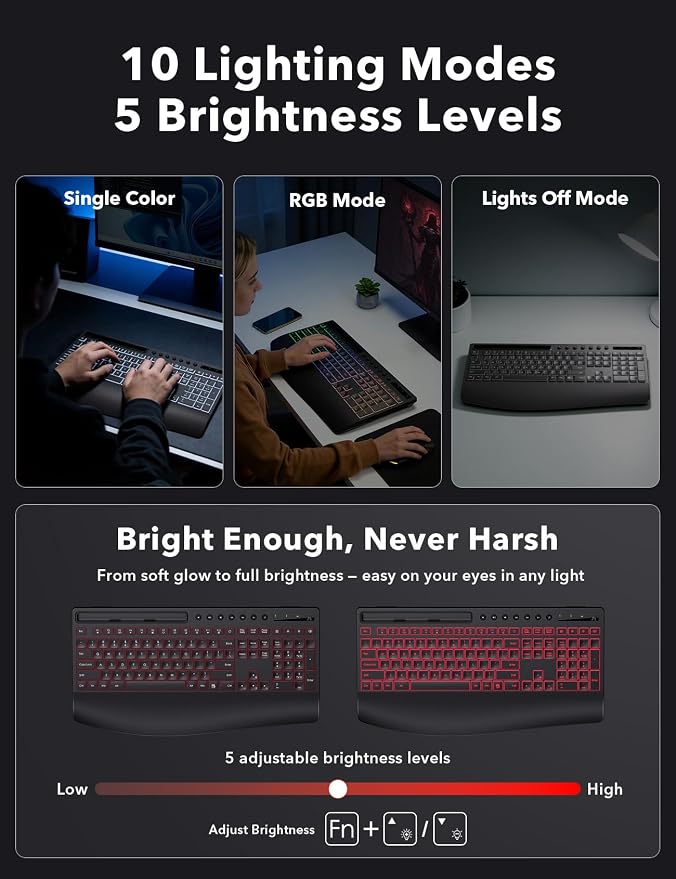 Trueque Wireless Keyboard and Mouse Combo, 4000mAh Battery, Wrist Rest | Rechargeable, 15 Backlit Effects, Full Size, Phone Holder, Quiet Typing, 2.4GHz Wireless, USB-A & C Connectivity for Windows - Image 4