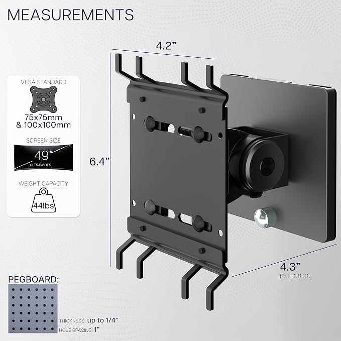 VIVO Articulating Ultrawide Monitor Pegboard Mount, Fits Screens up to 49 inches and Peg Boards up to 0.25 inches Thick with 1 inch Hole Spacing, Black, MOUNT-PB1U - Image 3