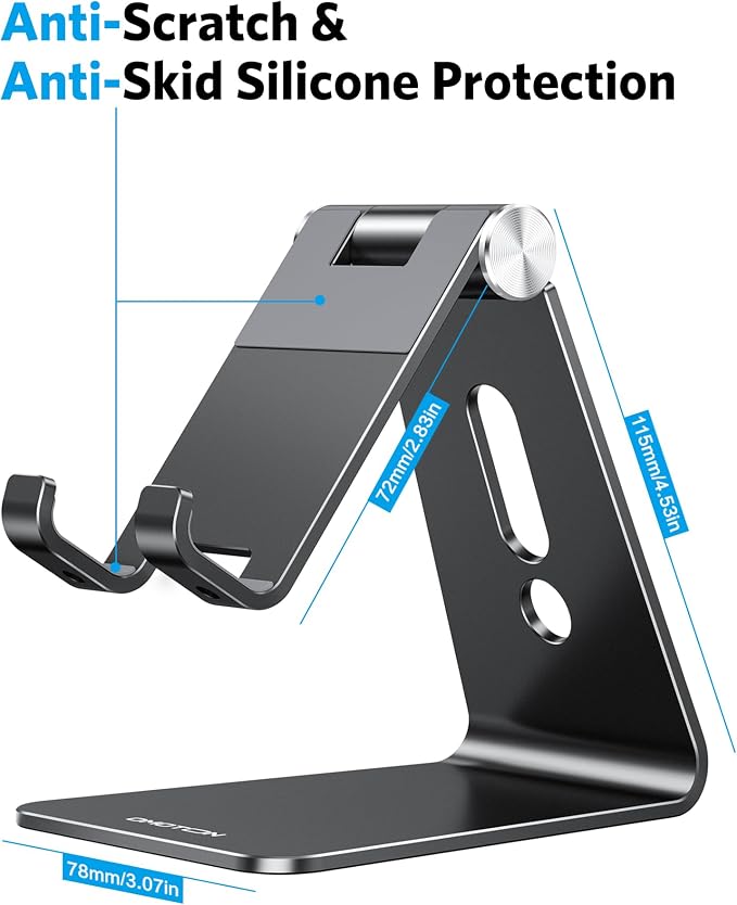 OMOTON C2 Adjustable Aluminum Cell Phone Stand with Charging Cutout, Black | Sturdy 3mm Base with Non-Slip Silicone Pads, Multi-Angle, Works with 19mm Thick Cases Smartphones, Desktop Recording Facetime - Image 3