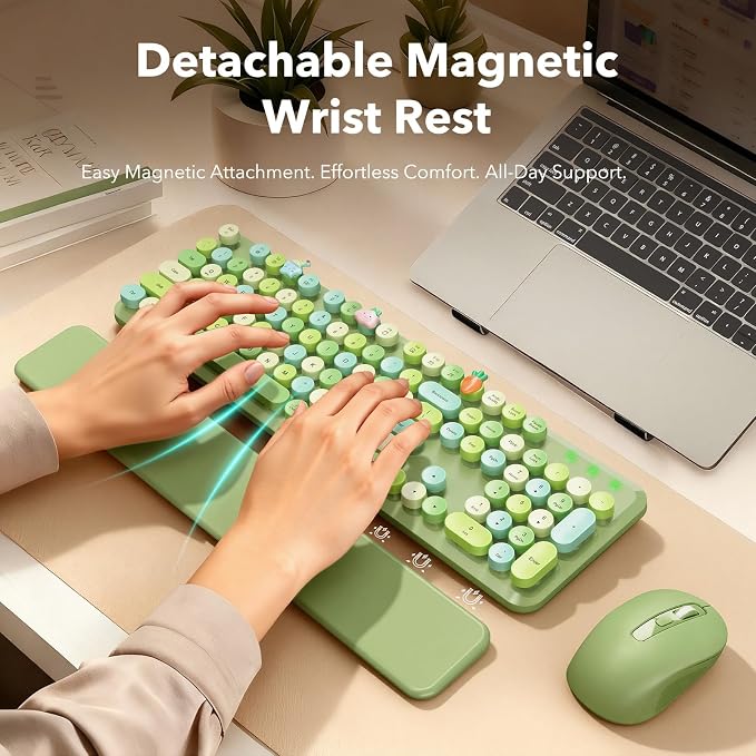 Wireless Keyboard and Mouse Combo, Cute Retro Typewriter Keyboard with Round Keycaps and Magnetic Wrist Rest, Full-Size 2.4GHz Cordless for Mac, Windows PC, Laptop, SABLUTE CK23, Green Multi-Color | Full-Size Typewriter-Style Keyboard, Tilt Legs, 2.4GH... - Image 2