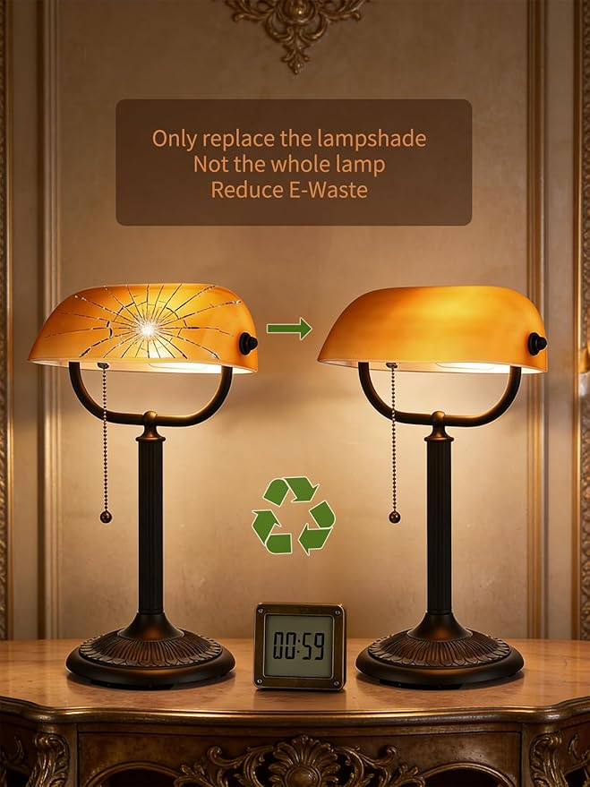 1-Minute Quick-Change Shade Matted Amber Glass Bankers Desk Lamp | Antique Plug in Fixture for Study Office Library,LED Bulb Included - Image 3