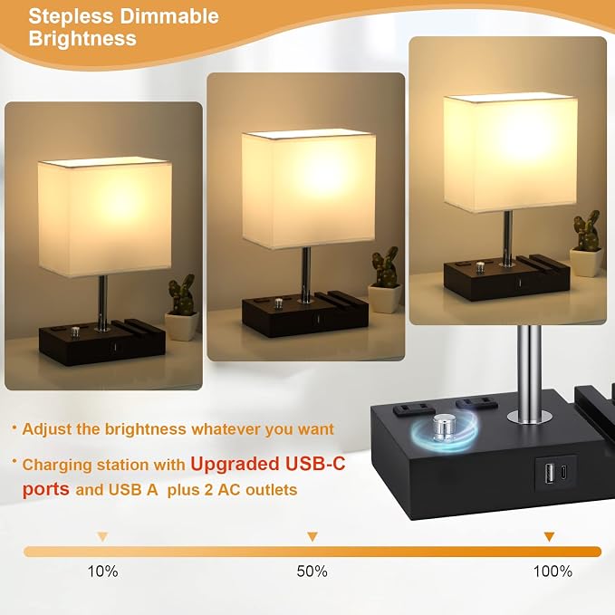 White Table Lamp for Bedroom - Stepless Dimmable, USB C+A, 2 AC Outlets | Dimming By Rotary Knob, USB C+A Ports, 2 Phone Stands, LED Bulbs Included, Rectangle White Lampshade, for Living Room, Desk - Image 3