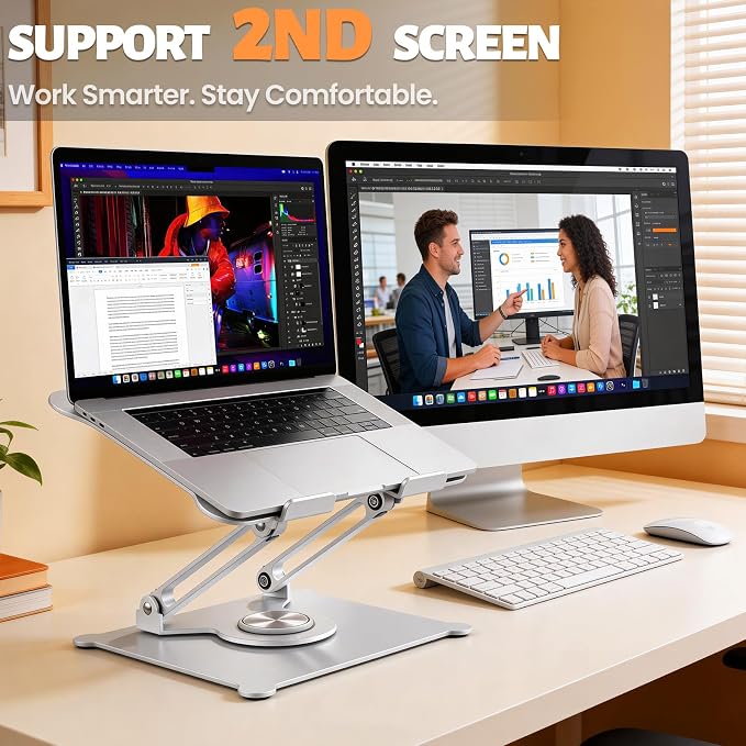 360° Rotating Laptop Stand for Desk, 10-15.6“ Laptop Riser, Silver | Sturdy Aluminum Foldable Stand, Heat-Dissipation Design, Ergonomic Holder Fits MacBook/Dell/HP/Lenovo for Home/Office. - Image 7