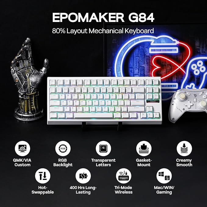 EPOMAKER G84 80% RGB Gaming Mechanical Keyboard with Shine Through Keycaps | 2.4GHz/ Type-C/BT Wireless Keyboard, VIA Programmable, Hot-Swap, Creamy Keyboard for Gamers/Office(White, Creamy Jade Switch) - Image 2