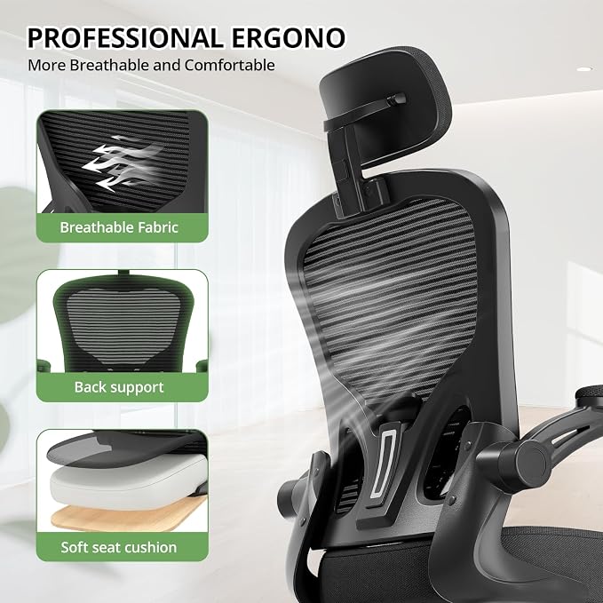 Office Chair Ergonomic Desk Chair, 330LBS Capacity, High Back Computer Chair for Long Hours Comfortable, Rolling Swivel Executive Task Chair for Home Office with Flip-up Armrests, Black - Image 6