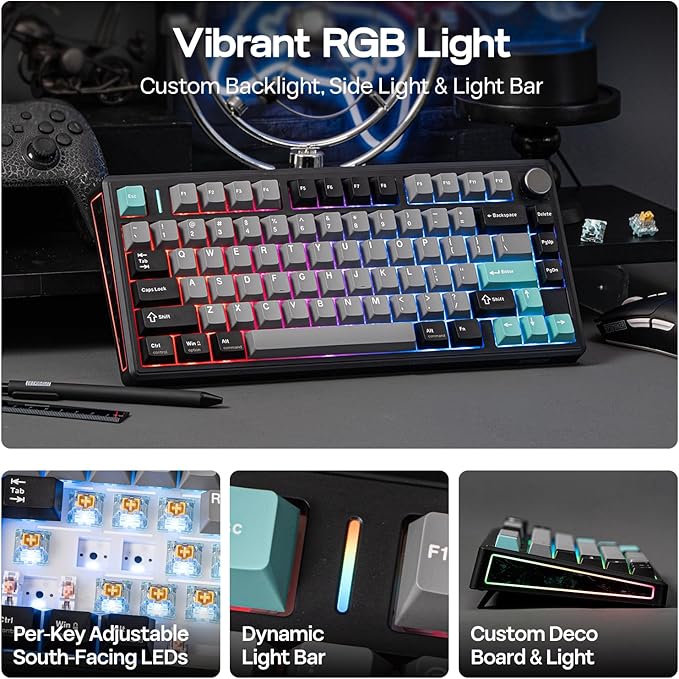 EPOMAKER TH80 V2 75% Wireless Mechanical Keyboard with Metal Knob, 8000mAh | 2.4Ghz/BT/USB-C, RGB, Hot Swap, Custom Driver, PBT Keycap, Wireless Gaming Keyboard for PC/Mac (Black, Creamy Jade) - Image 4
