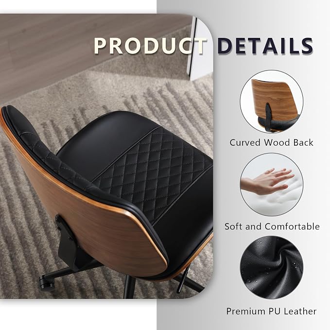 Home Office Chair No Arms with Wheels, Mid Back Walnut Style, Black | Adjustable Height Small Desk Chair, PU Leather Mid Back 360 Swivel Computer Seating, Armless Walnut Office Chair, 300LBS - Image 6