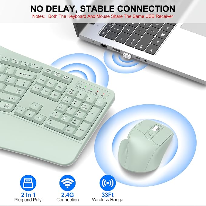 Wireless Keyboard and Mouse Combo, 2.4G Ergonomic Wave Key(Avocado Green) | Full Size Wave Keyboard with Wrist Rest, 3-Level DPI Adjustable Ergonomic Mouse for Windows and Mac OS Desktop/Laptop/PC - Image 5