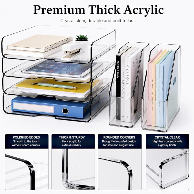 DCA 4 Tier Clear Desk Organizer, Letter Tray with 2 Magazine Holders | Stackable Desktop File Storage | Documents, Books & Supplies | Office & Home | Large Capacity - Image 4