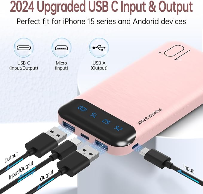 YOBON Power Bank 10000mAh Portable Charger Slim Battery Pack with 2 USB 2.4A Outputs and USB C in/Out Compatible with Huawei iPhone 16 15 14 13 12 iPad Samsung Galaxy S20 Android Tablet (Light Pink) - Image 3