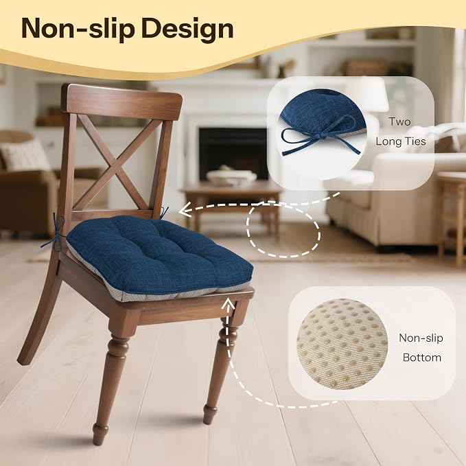 Chair Cushions for Dining Chairs Set of 4, 18"x18"x3", Navy | Non-Slip with Ties, Tufted, Faux Linen, Seat Cushions for Dining Room Kitchen Breakfast Nook Indoor Home Office Living Room - Image 3