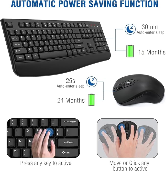 Wireless Keyboard and Mouse Combo, EDJO 2.4G Full-Sized Ergonomic Computer Keyboard with Wrist Rest and 3 Level DPI Adjustable Wireless Mouse for Windows, Mac OS Desktop/Laptop/PC(8 Pack) - Image 2