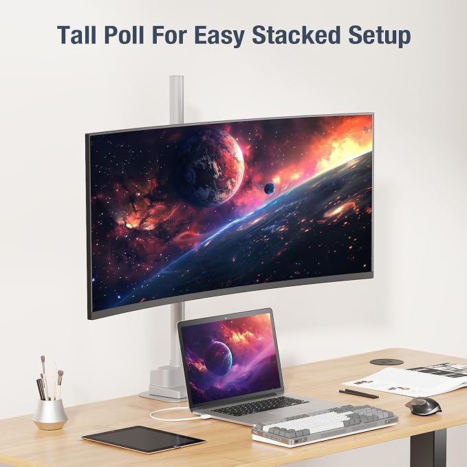 AVLT Single 40 Inch Monitor Arm Pole Top Mount with USB-C&A Ports - Gray | Supports 26.4 lbs (12kg), Ultrawide screen fit, VESA Compatible, Tilt, Swivel, Rotate, Ergonomic adjustable height, Durable - Image 8