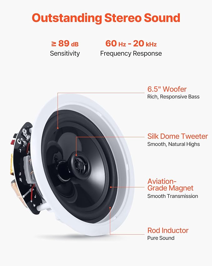 VEVOR Bluetooth Ceiling Speakers, 6.5", in Ceiling & in-Wall Speaker System with Amplifier, 2-Way, for Damp and Humid Placement, Home Theater, Covered Outdoor Patio and Flush Mount Wired, 4 Speakers - Image 4
