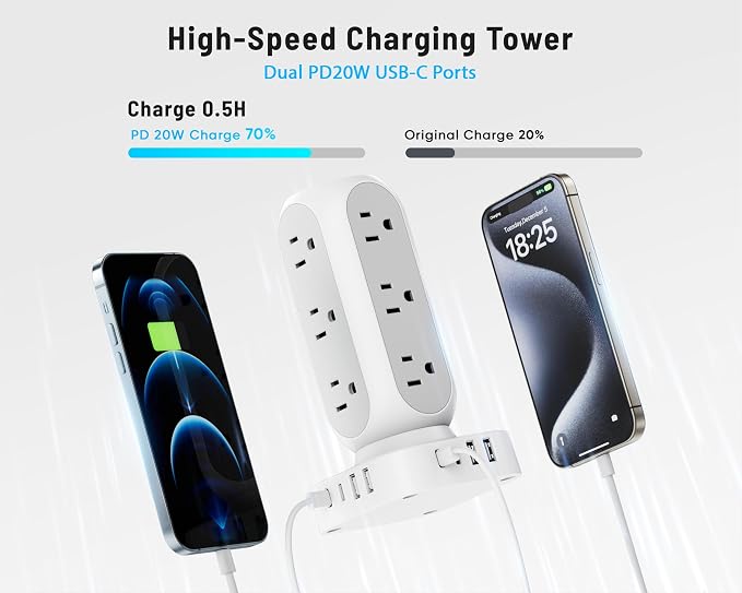Flat Plug Power Strip Tower, TenTrend 40W Total Fast Charging Station, 15FT | 12 AC Outlets & 8 USB Ports (4 USB C), Dual PD 20W, 10FT Extension Cord for Desk Office Dorm Room - Image 3