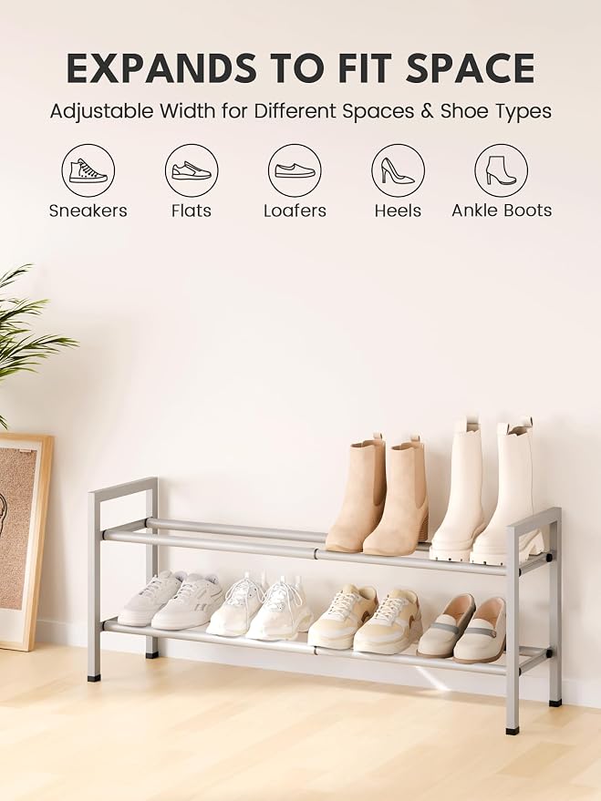 Bumusty 2 Tier Expandable Shoe Rack for Closet, Light Grey | 18"-33" Adjustable Shoe Rack for Entryway, Small Shoe Organizer for Dorm, Front Door, Sturdy Metal - Image 5