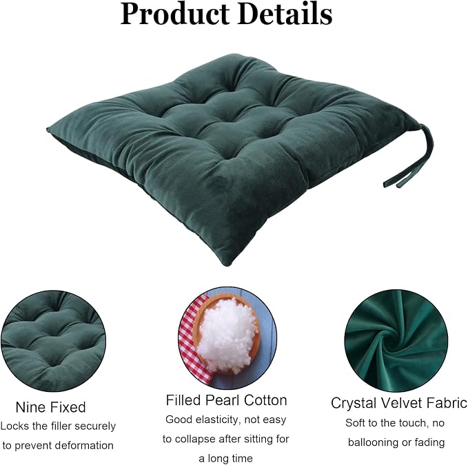 2 Pack Square Seat Cushion Chair Pads for Kitchen Dining Chairs, Soft Comfort Velvet Chair Mat Pillow Cushions with Ties for Office Desk Living Room Tatami 15.5", Dark Green - Image 3