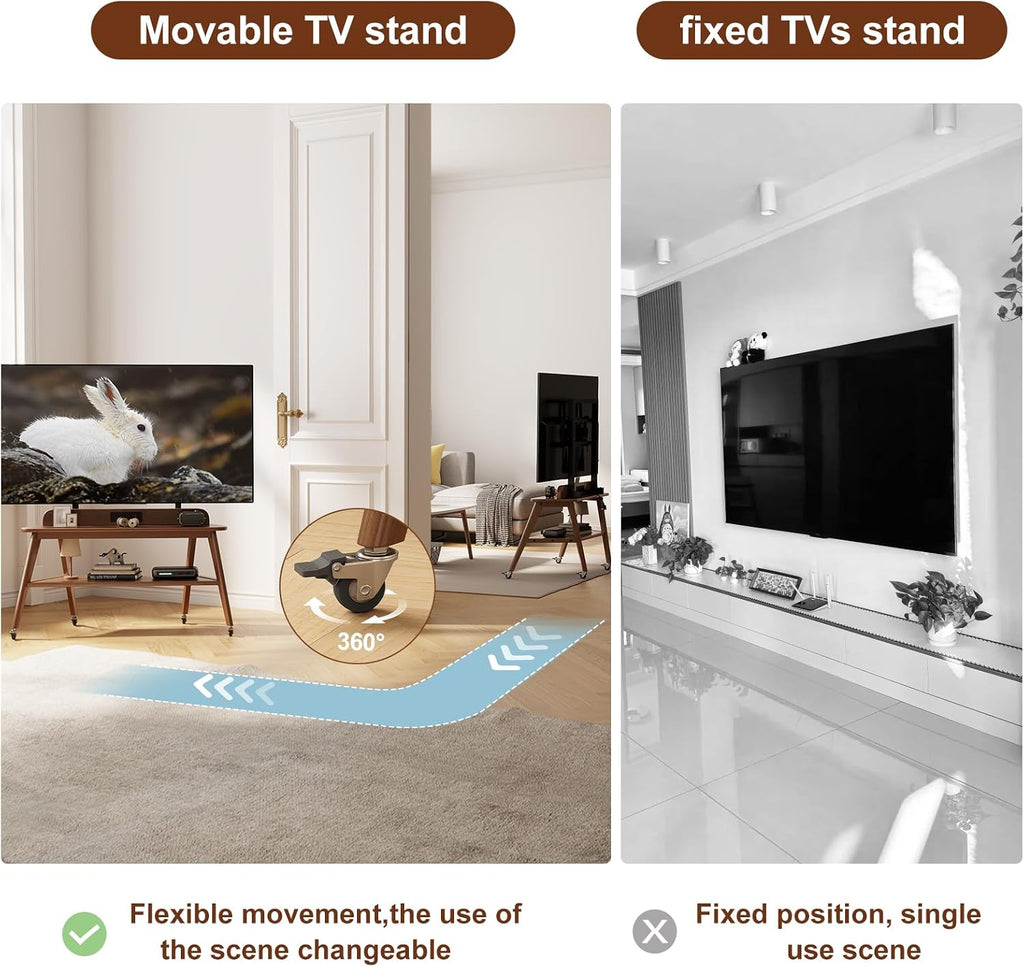 Solid Wood Rolling TV Stand with Power Outlet, Mobile TV Stand - Image 8