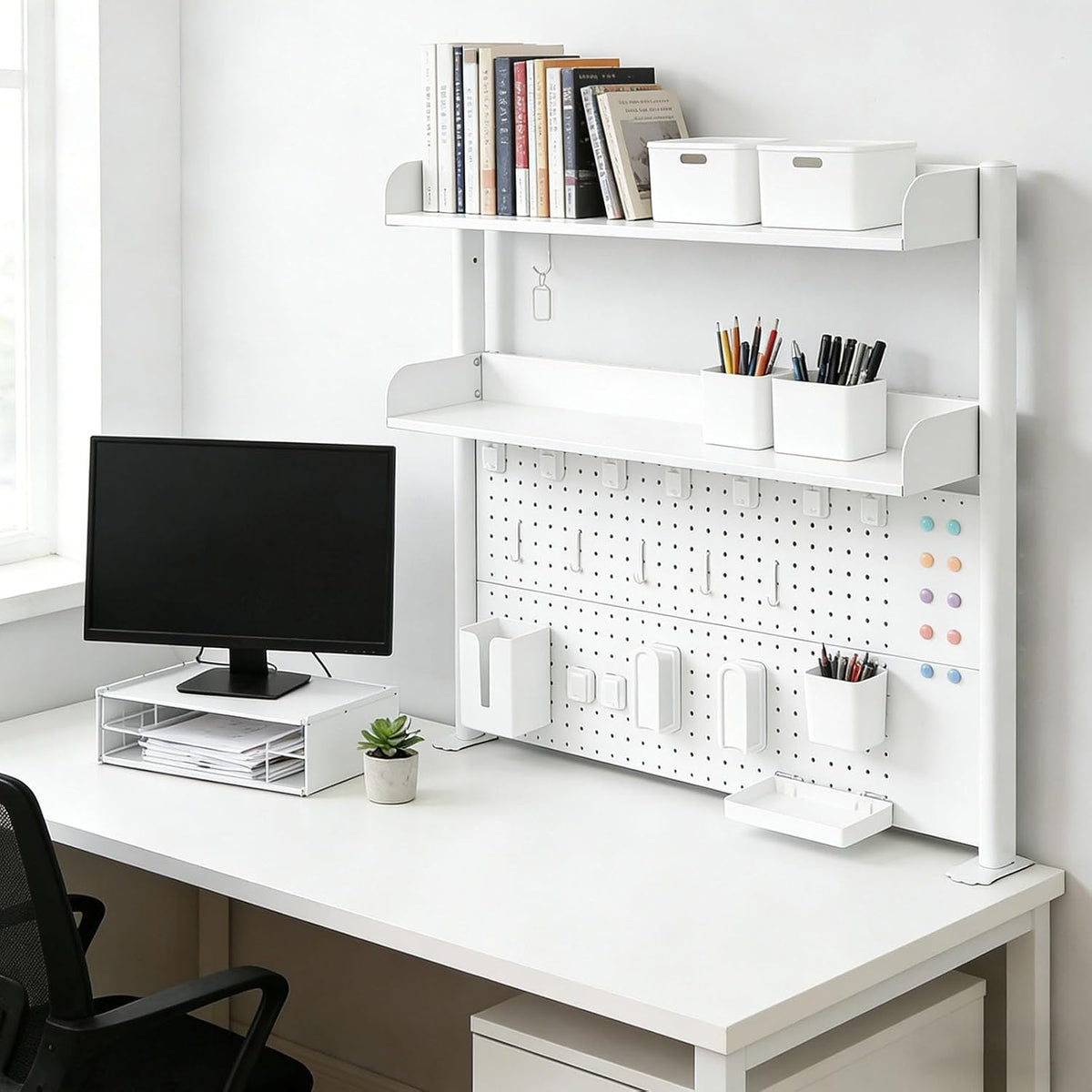 Clamp-On Desk Hutch with Pegboard, 39.5 x37.5in 2-Tier Desktop Organizer Shelf, Carbon Steel Frame with 2 Shelves and Pegboard Storage, for Office, Dorm, Study - Image 6