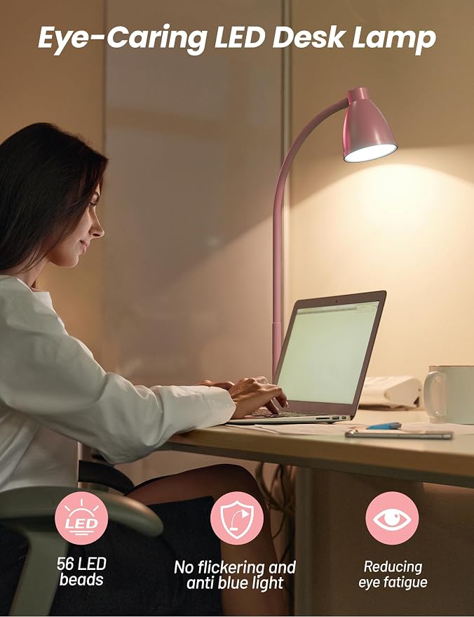 BOHON Cute Desk Lamp with USB Charging Port, 3 Color Modes Dimmable, Pink | Pink Lamp LED Reading Lamp, Flexible Neck Auto Dimming Table Task Light for Home Office Dorm Bedside - Image 6