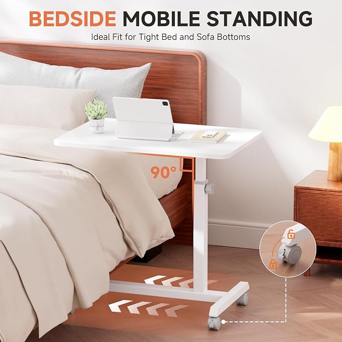 GTPLAYER Small Standing Desk, 24 Inches Mobile Rolling Laptop PC Table with Lockable Casters, Adjustable Height Overbed Bedside Table Computer Workstation for Home Office, White-Fixed - Image 6