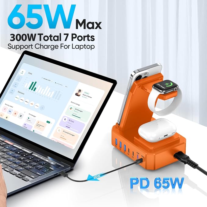 300W Charging Station for Multiple Devices Apple, Zutspzss 10 in 1 Wireless Charger for iPhone 16, GaN III USB C 65W PD Fast Charging Stand Dock for MacBook, Apple Watch&Airpods,Orange - Image 2