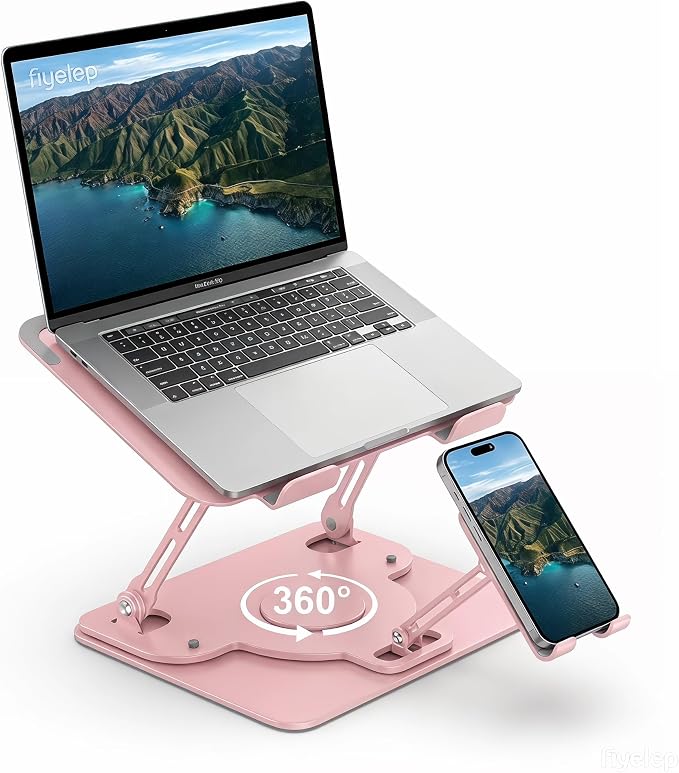 Laptop Stand for Desk,Adjustable Computer Stand with 360° Rotating Base,2-in-1 Laptop Stands with Phone Holder,Ergonomic Laptop Riser for Collaborative Work,fits for All 10-16" Laptops (Pink) by Electmagic