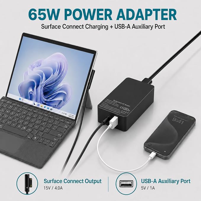 65W Surface Pro Charger Compatible with Microsoft Surface Pro 11/10/9/8/7+/7/6/5/4/3/X, Surface Laptop 7/6/5/4/3/2/1, Surface Go 4/3/2/1, Surface Book 3/2/1, 10FT Power Adapter with USB Port - Image 3