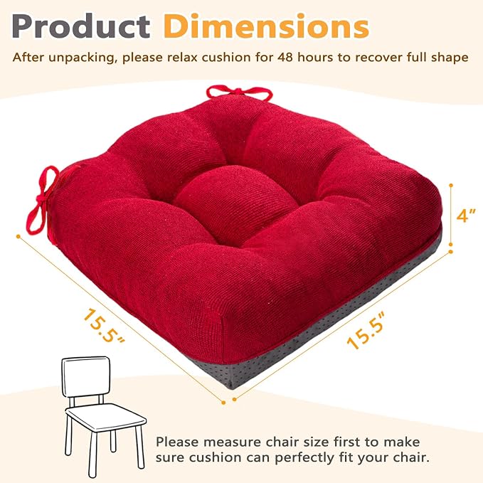 MAGIC ELEPHANT Chair Cushions for Dining Chair, Shredded Memory Foam Kitchen Chair Cushions Set of 4, Non-Slip Thick Dinning Room Chair Pads Seat Cushions, 15.5" x 15.5" x 4" (Red) - Image 3