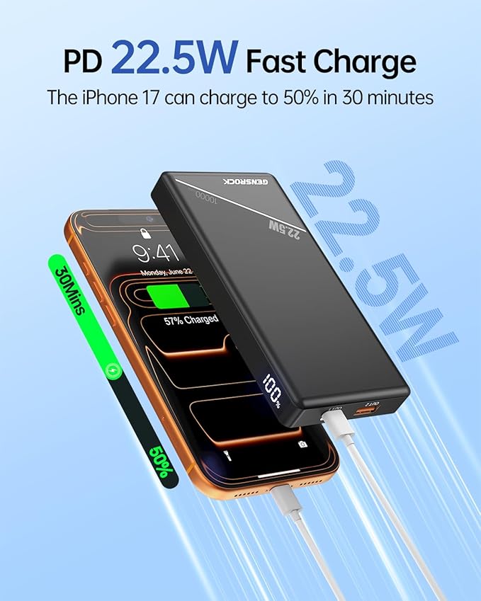 GENSROCK 5V 2A/3A Portable Power Bank 10000mAh, Slim Travel Power Bank | Dual USB | PD 22.5W Fast Charging | LED Display | Slim | Travel | Compatible with iPhone and Android | Flight-Safe | Black - Image 2
