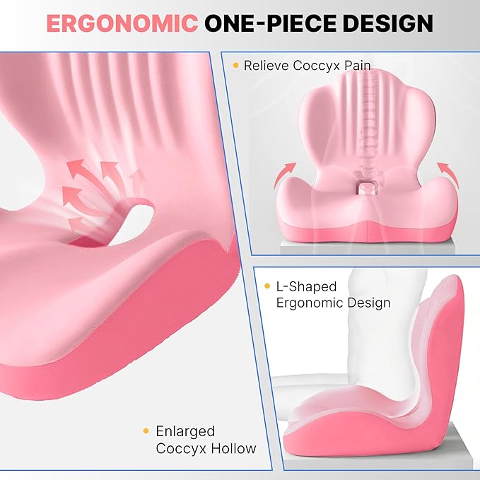 CHANCEE Ergonomic Seat Cushion with L-Shaped Design for Office Chair (Pink) | Memory Foam Orthopedic Cushion with Coccyx Hollow, Lumbar Support & Tailbone Pain Relief for Car, Truck, Gaming Chair - Image 4