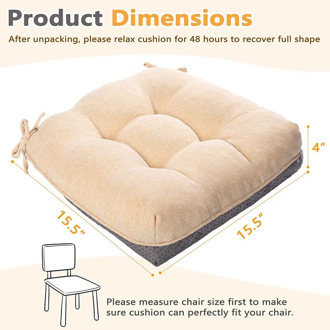 MAGIC ELEPHANT Chair Cushions for Dining Chair, Shredded Memory Foam Kitchen Chair Cushions Set of 4, Non-Slip Thick Dinning Room Chair Pads Seat Cushions, 15.5" x 15.5" x 4" (Beige) - Image 3