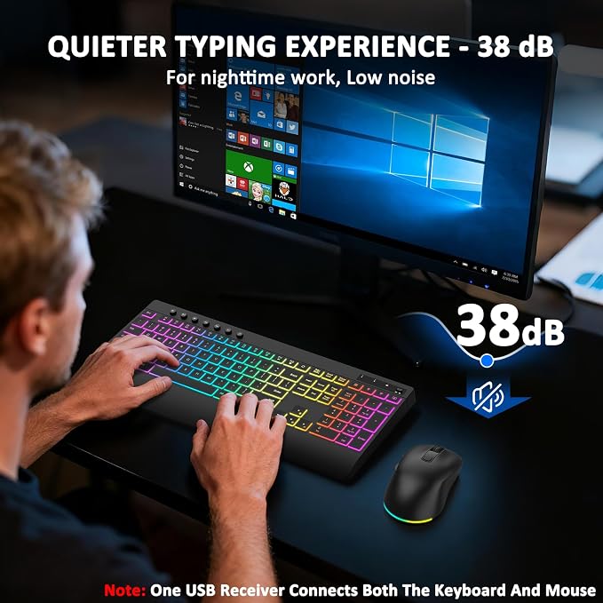 Wireless Keyboard and Mouse Combo, 9 Backlit Effects, 4000mAh Rechargeable Backlit Keyboard with Wrist Rest, 6 Button Mouse, 2.4G Full Size Quiet Keyboard Set for Computer, PC, Laptop, Mac, Windows - Image 8