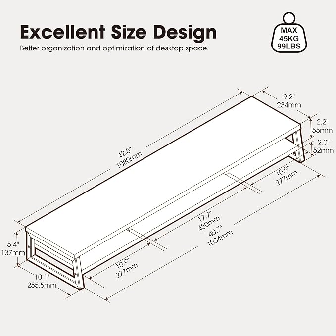 Fenge Dual Monitor Riser for Desk, Open Shelf with 3 Storage Compartments | 42.5in Computer Monitor Stand, 2-Tier Desk Shelf for Top of Desk,One-Piece Panel, fit Ultrawide Monitor, PC, Laptop, White - Image 3