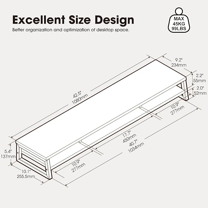 Fenge Dual Monitor Riser for Desk, Open Shelf with 3 Storage Compartments | 42.5in Computer Monitor Stand, 2-Tier Desk Shelf for Top of Desk,One-Piece Panel, fit Ultrawide Monitor, PC, Laptop, Brown - Image 3